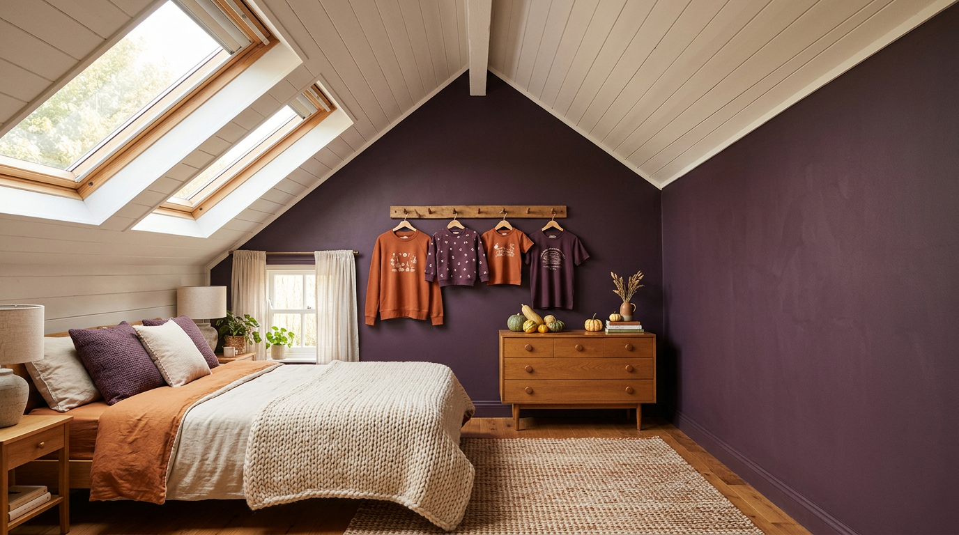 An attic bedroom with plum walls and four t-shirts and sweatshirts hanging from a wooden peg rail