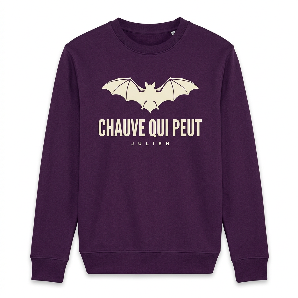Aubergine adult sweatshirt printed with a cream bat and Chauve qui peut, with the sample name Julien