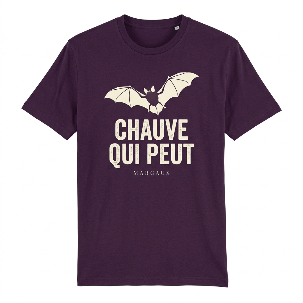 Aubergine adult t-shirt printed with a cream bat and Chauve qui peut, with the sample name Margaux