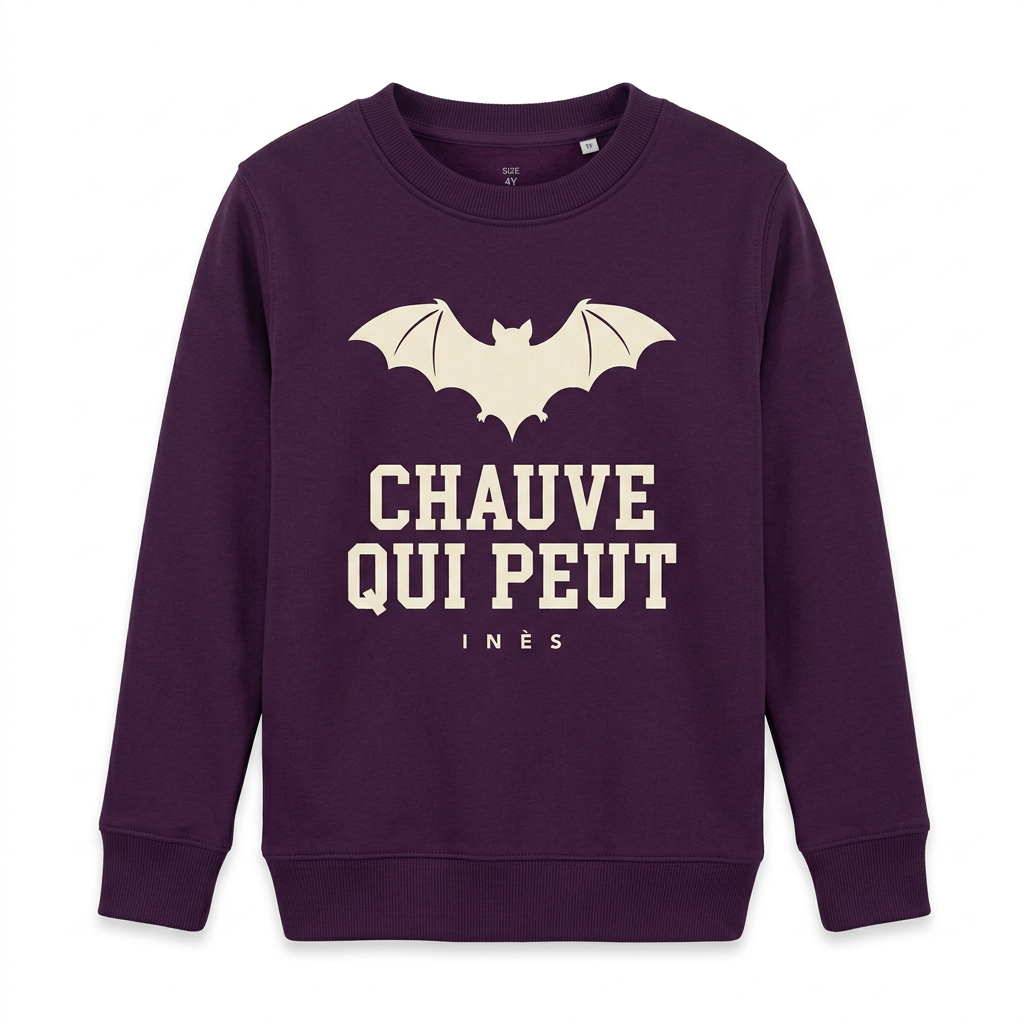 Aubergine child sweatshirt printed with a cream bat and Chauve qui peut, with the sample name Inès