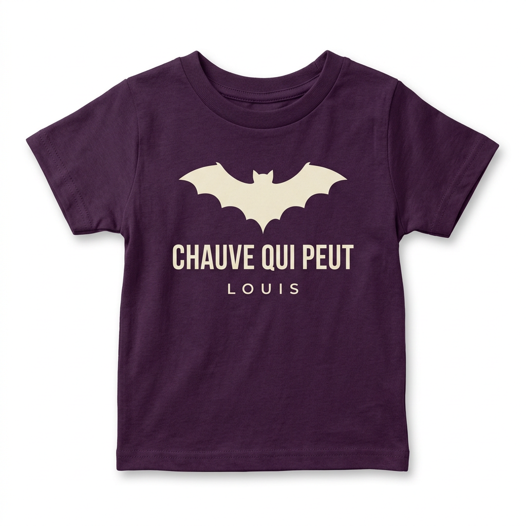 Aubergine child t-shirt printed with a cream bat and Chauve qui peut, with the sample name Louis