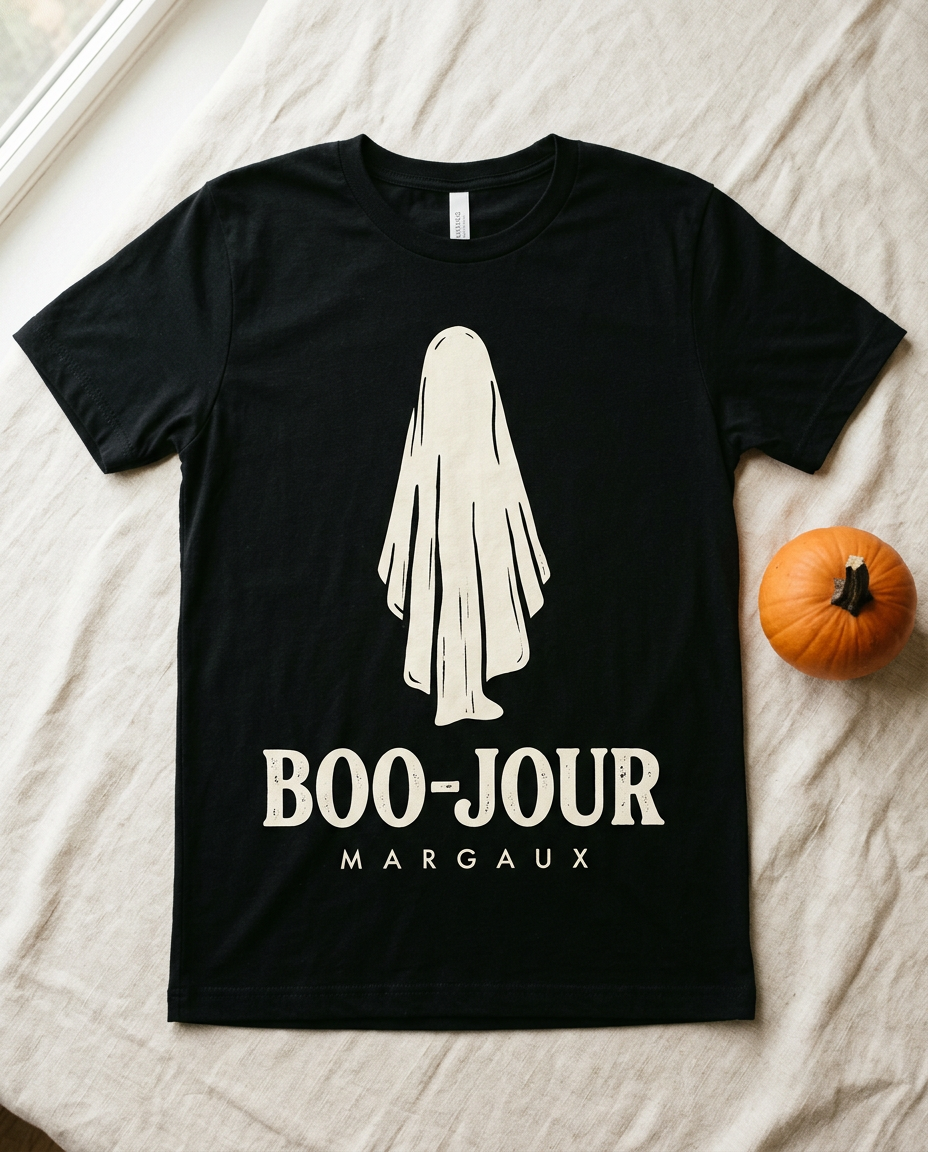 Black t-shirt printed with a cream ghost and the words Boo-jour, with a sample name beneath