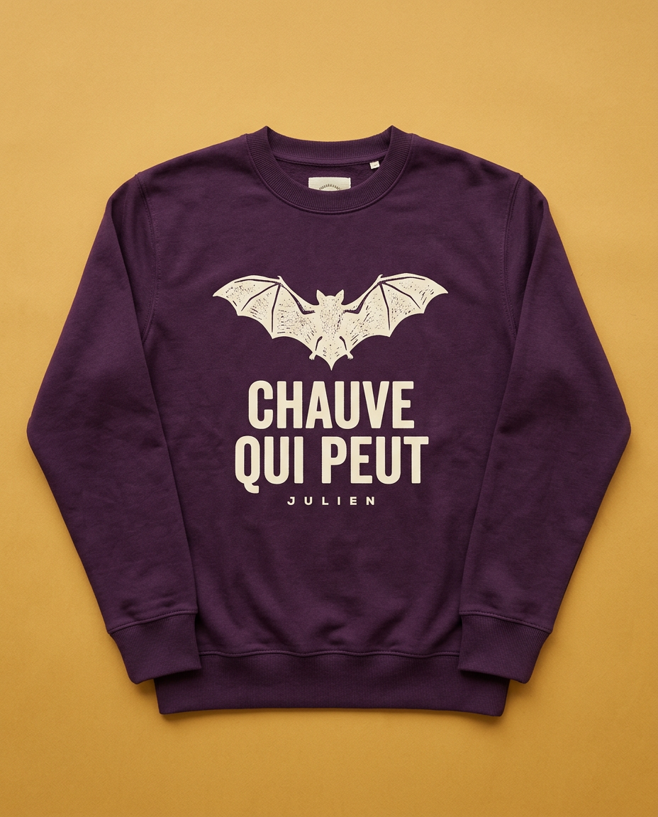 Aubergine sweatshirt printed with a cream bat and the words Chauve qui peut, with a sample name beneath