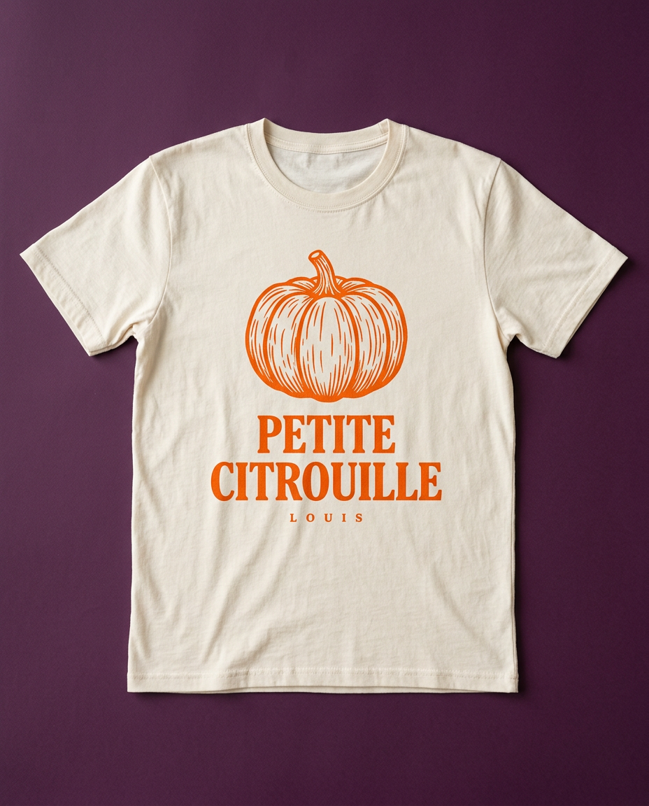 A cream t-shirt printed with an orange pumpkin and the words Petite citrouille, on a plum background
