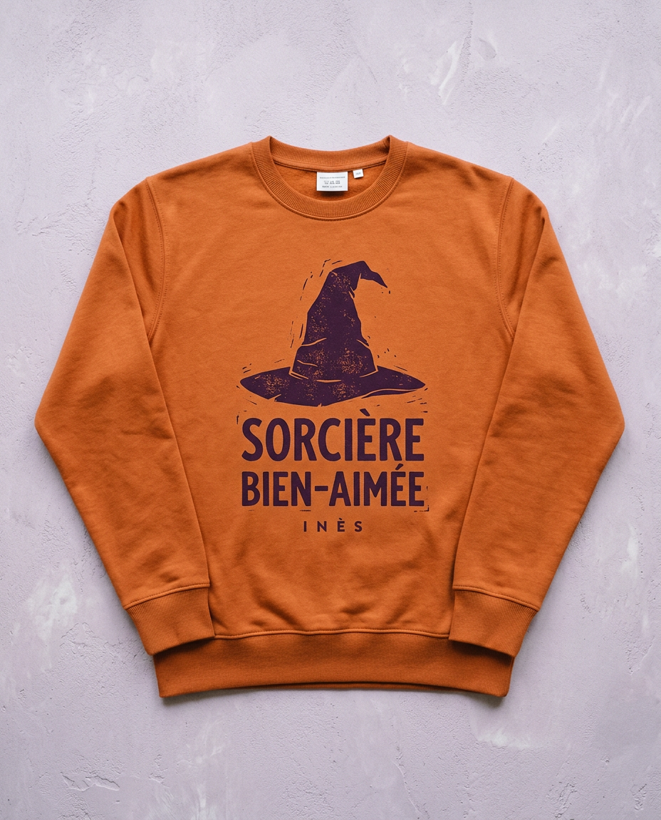 Rust sweatshirt printed with a plum witch hat and the words Sorcière bien-aimée, with a sample name beneath