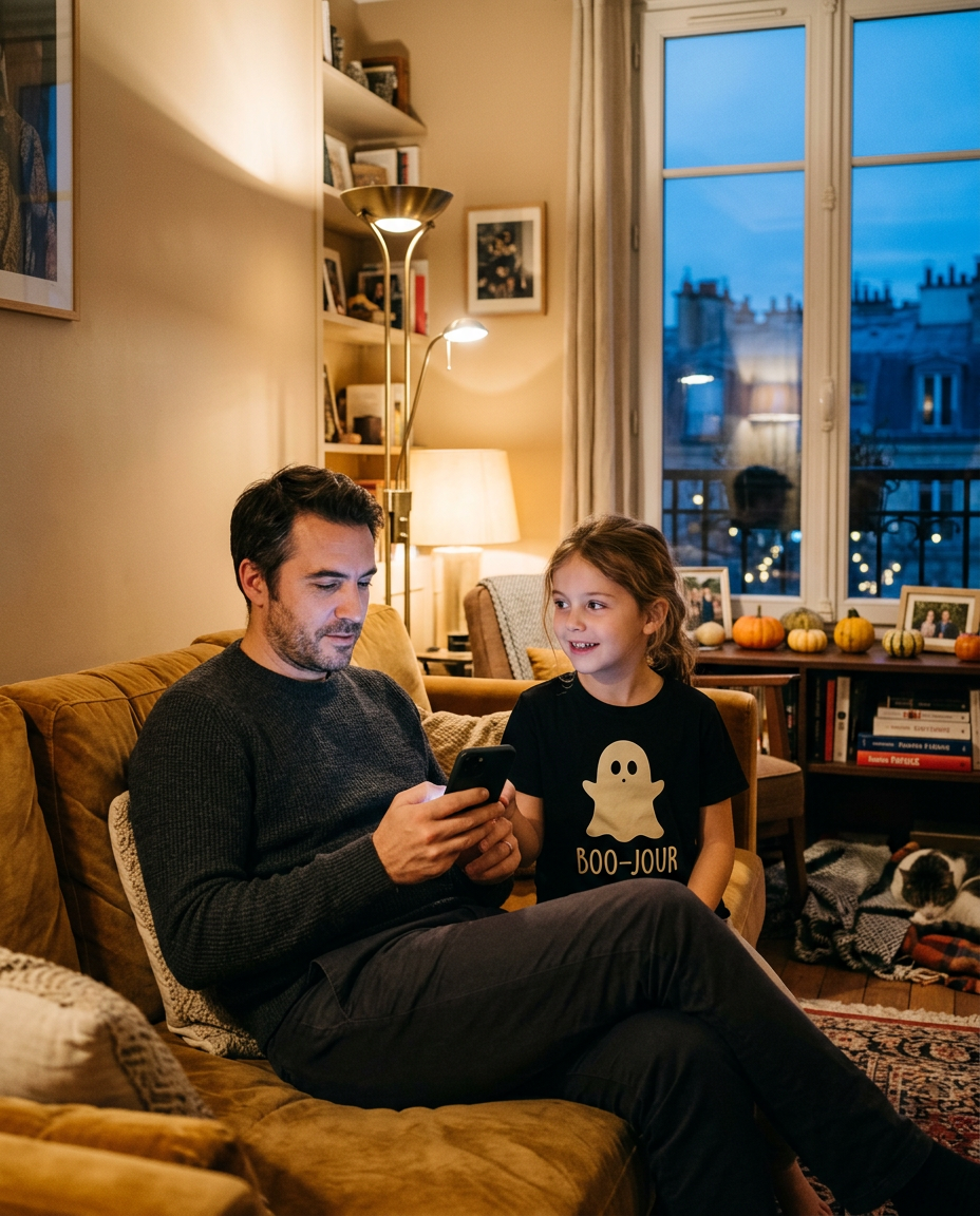 A father on a sofa at night looking at his phone while his daughter, in a black t-shirt printed with a ghost and the word Boo-jour, talks to him