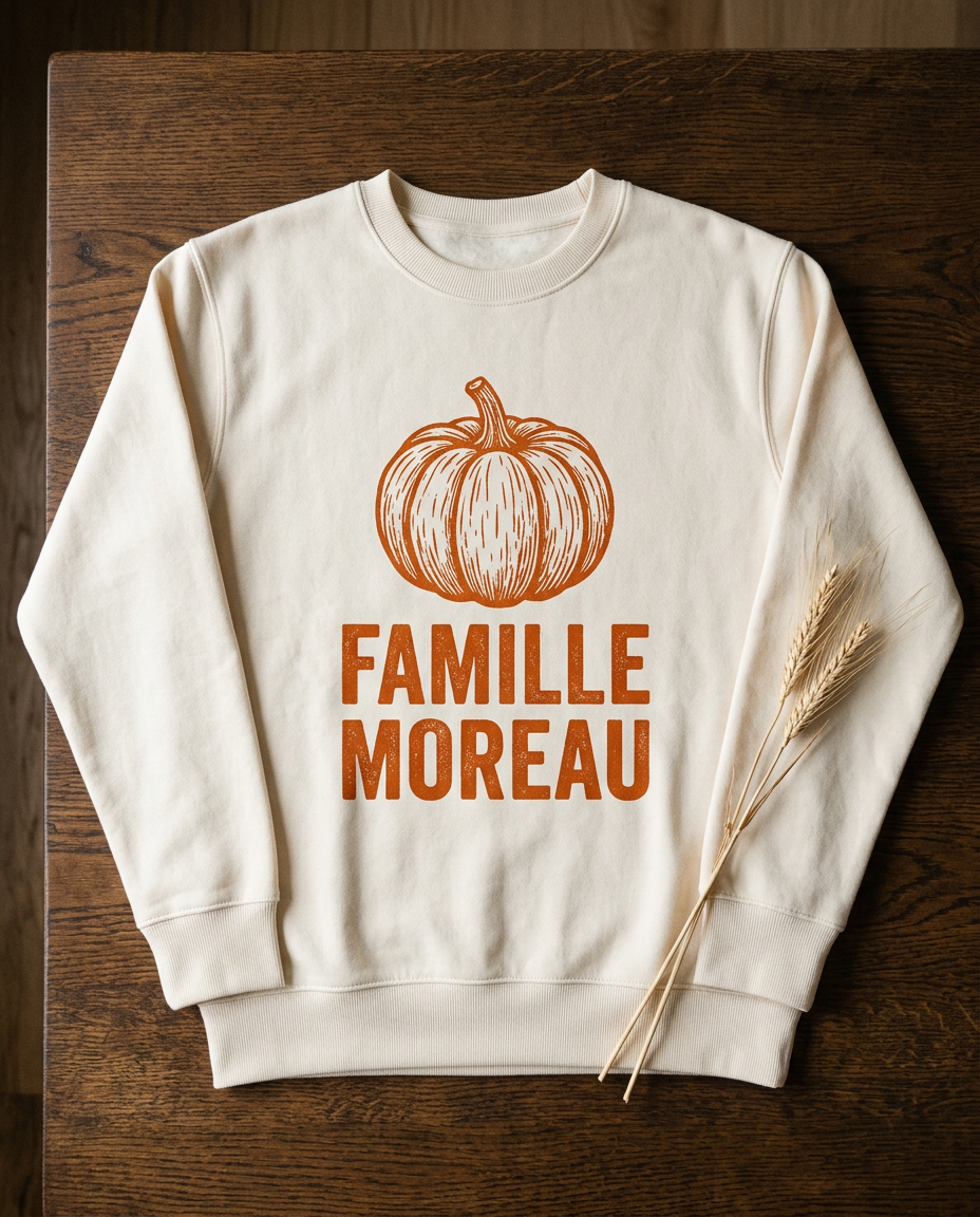 A cream sweatshirt printed with an orange pumpkin and the words Famille Moreau, laid on a wooden table with two stems of wheat