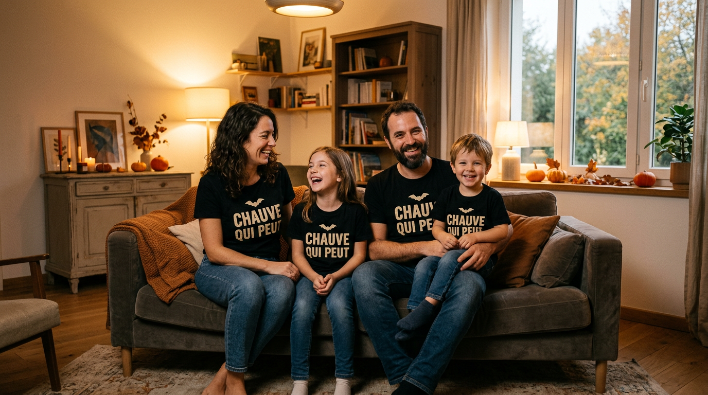 A family of four laughing together on a sofa, all in the same black t-shirt printed with a bat and the words Chauve qui peut