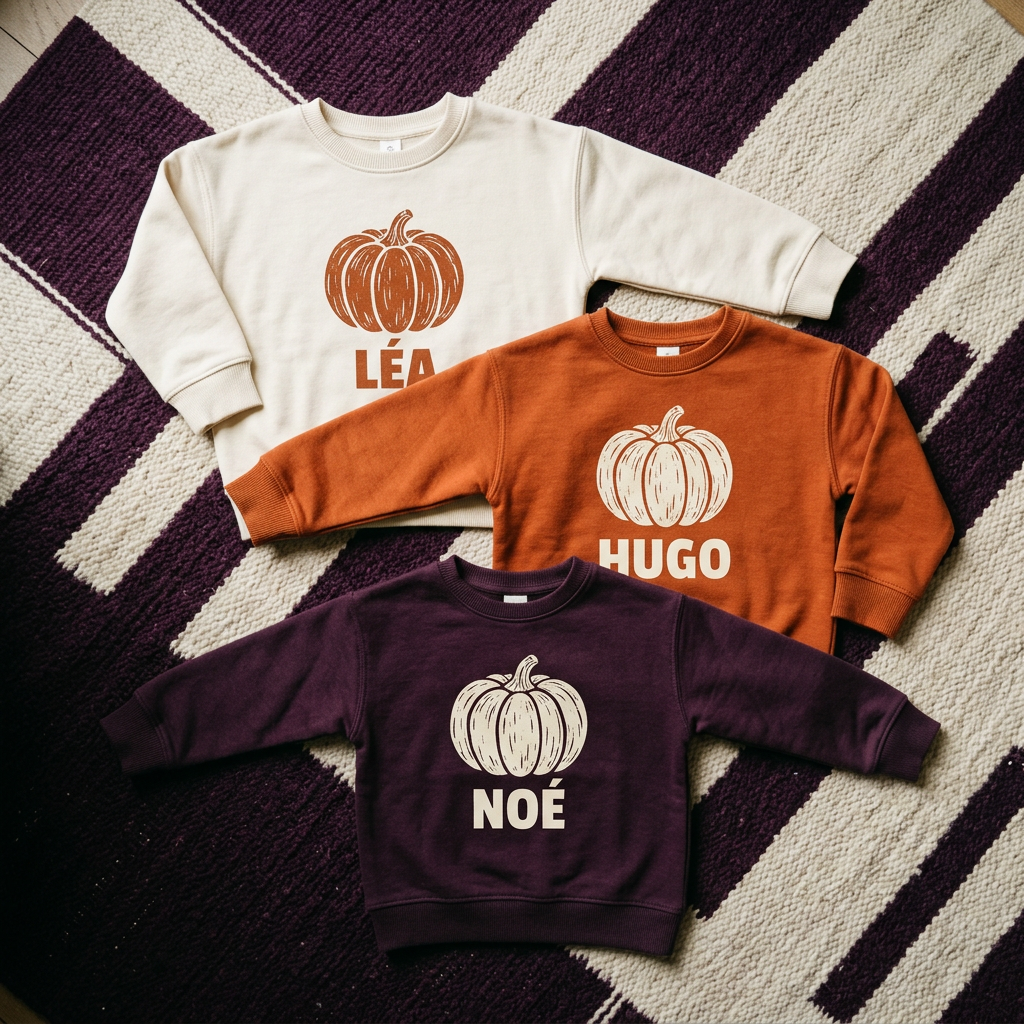 Three child sweatshirts laid on a plum and cream striped rug, each printed with a pumpkin and a different first name: Léa, Hugo and Noé
