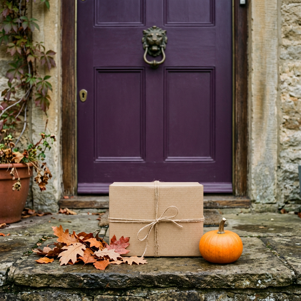 A parcel tied with string on a stone doorstep in front of a plum front door, beside a small pumpkin