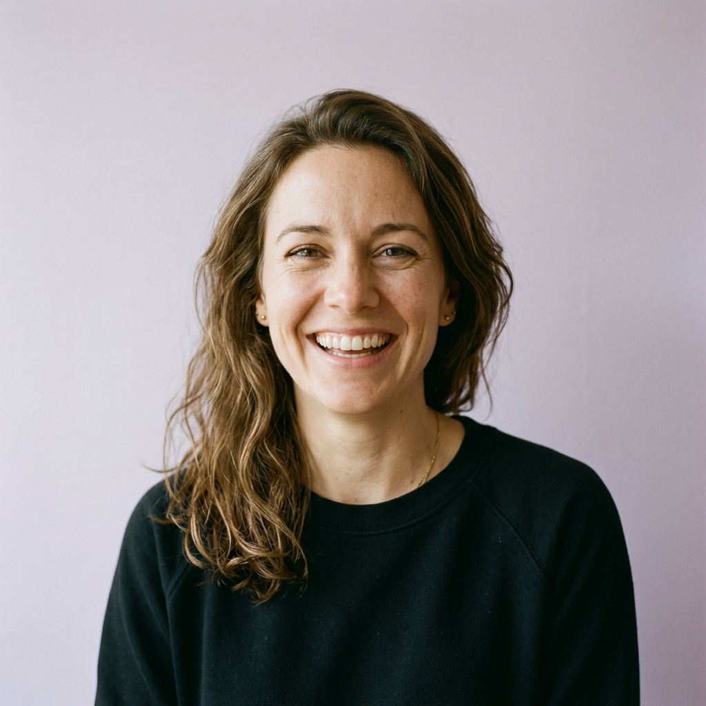 A smiling parent in a black sweatshirt against a lilac wall