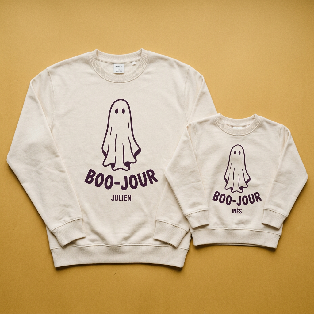 An adult and a child cream sweatshirt side by side on a mustard background, each printed with a ghost, the word Boo-jour and a sample first name