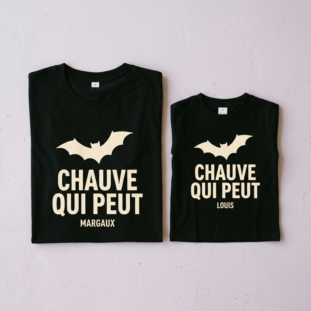 An adult and a child black t-shirt side by side on a lilac surface, both printed with a cream bat and the words Chauve qui peut, and sample names Margaux and Louis